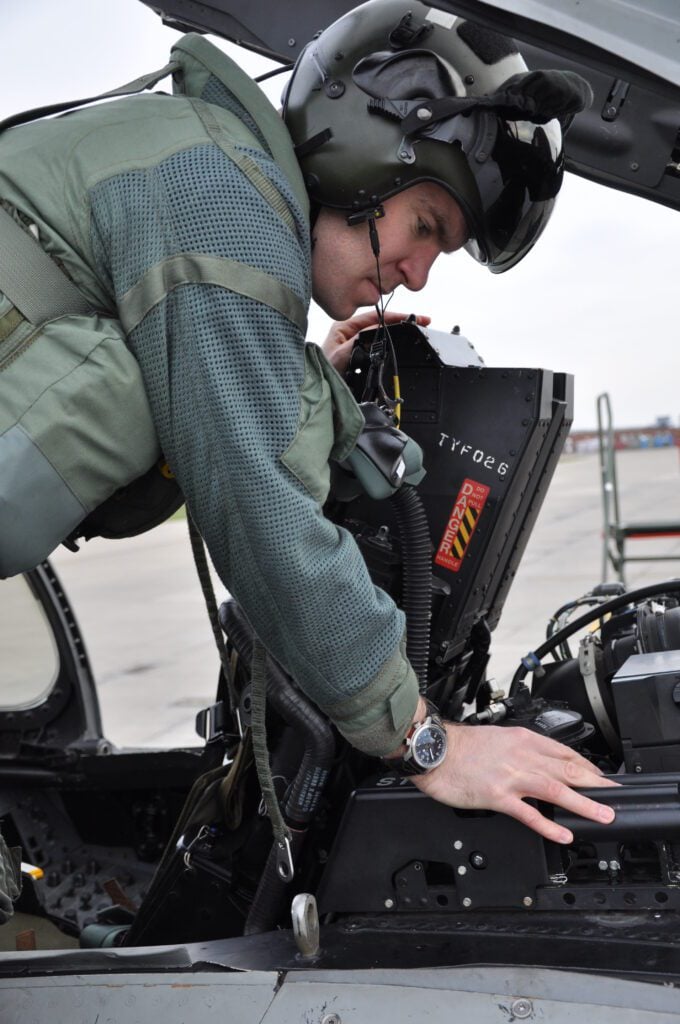 Pilot climbing into an RAF Typhoon wearing a Bremont MB watch
